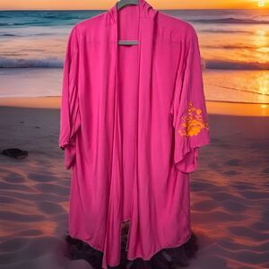 Rusty Dusty XL Swim Cover Up Pink Embroider Open Front Wrap Side Slit Boho Beach